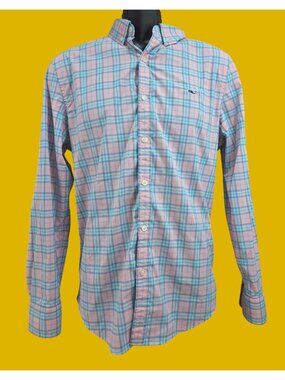 Vineyard Vines Mens Slim Fit Performance Whale Shirt Medium Plaid Pink & Blue
